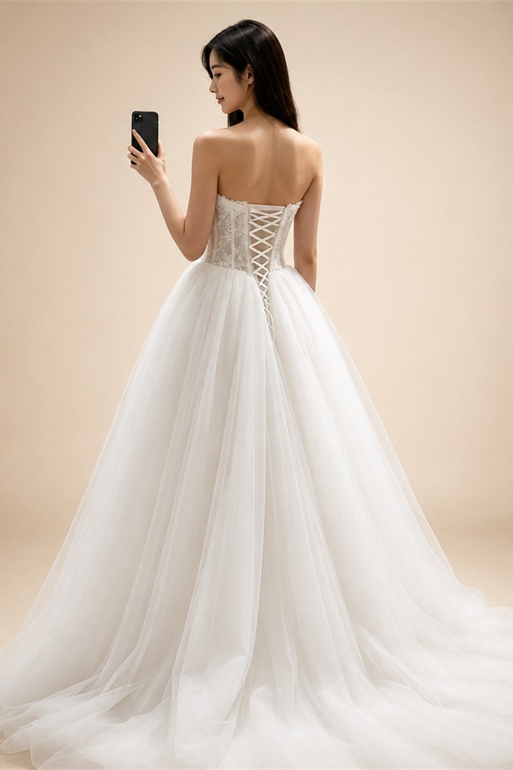 Sweetheart Strapless Ball gown Wedding Dress Lace Corset Bodice Satin Bow Waistband Pure Tulle Bridal Gown  Ivory Princess Bride