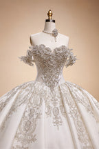 Ivory Luxury Satin Ball Gown with Silver Embroidery Wedding Dress ZP166