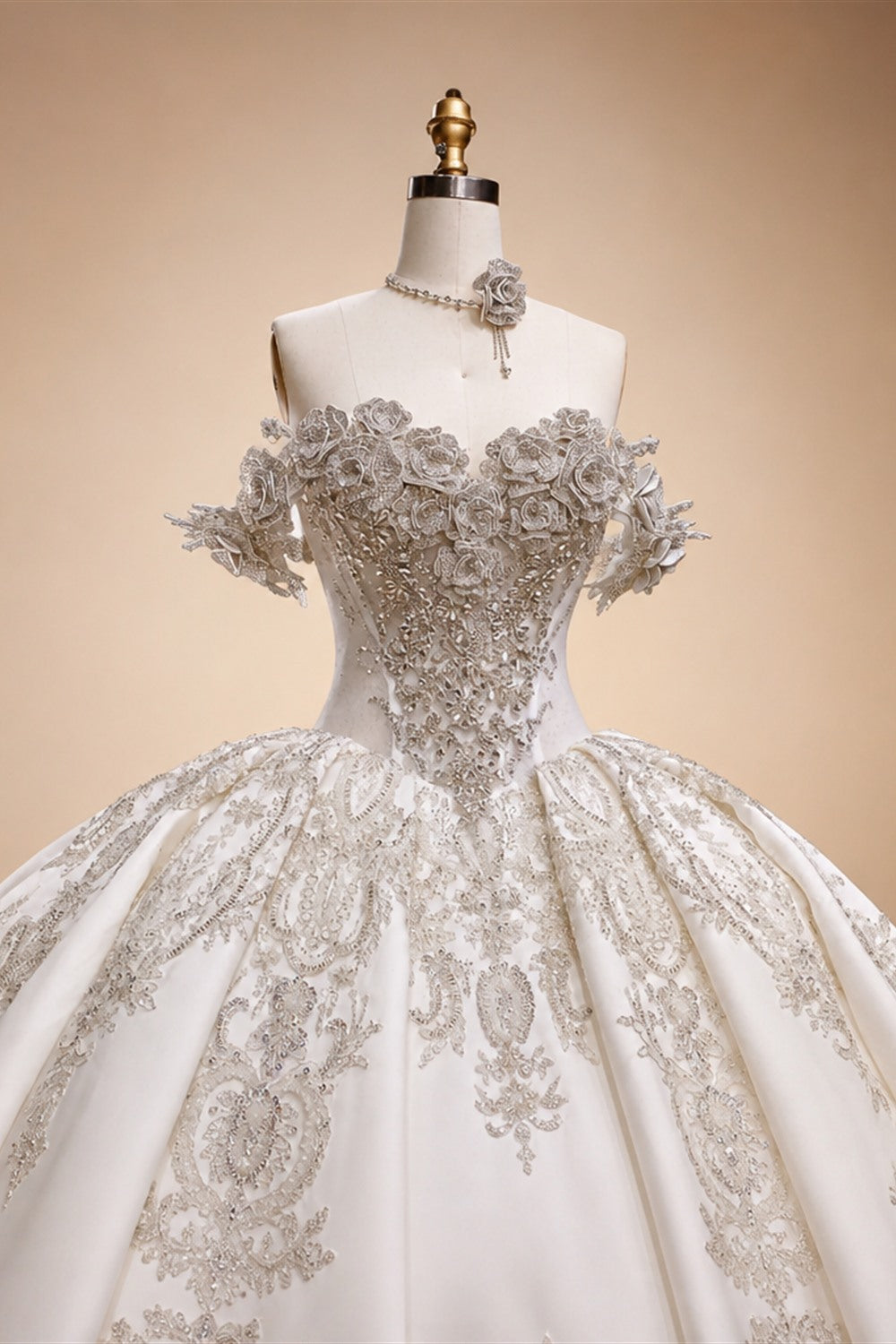 Ivory Luxury Satin Ball Gown with Silver Embroidery Wedding Dress ZP166