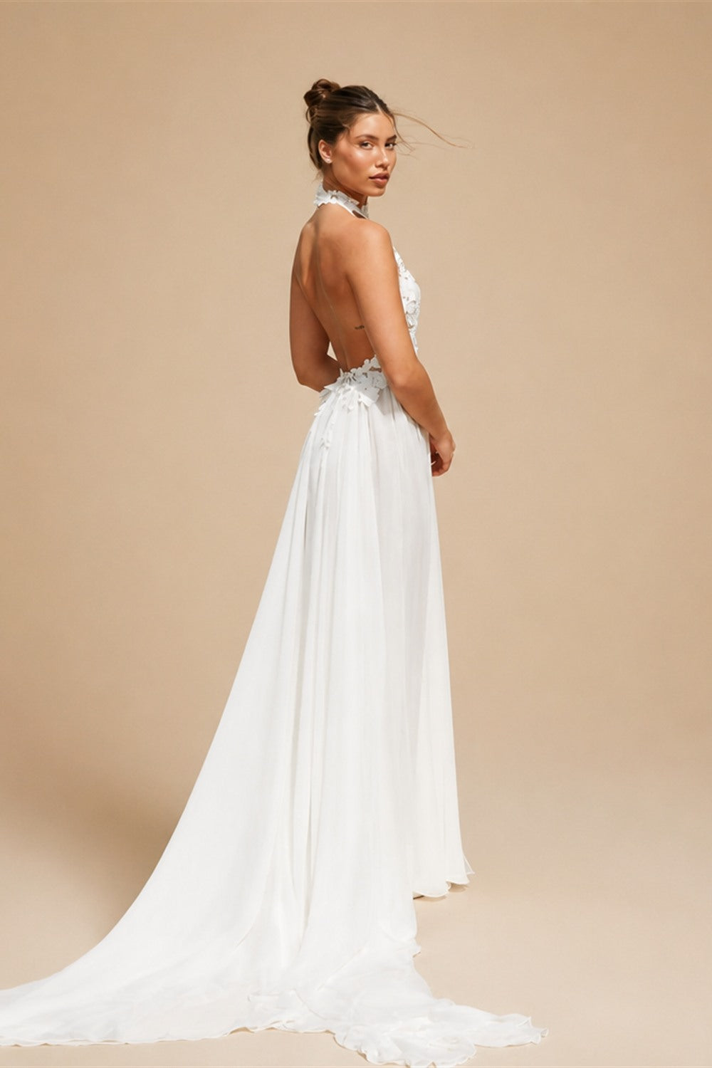 Romantic Halter Neck 3D Floral Lace Sheer Slit Wedding Dress ZP041