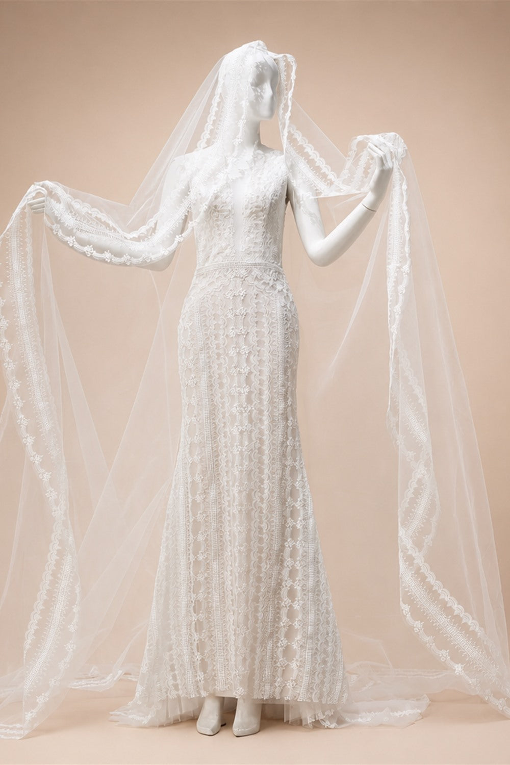 Elegant Ivory High Neck Sheer Lace Long Sleeves Mermaid Wedding Dress with Veil ZP085