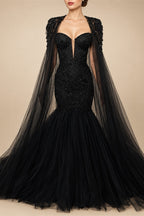 Black Luxury Gothic Wedding Dress Mermaid Beaded Lace Tassel Cape  ZP196