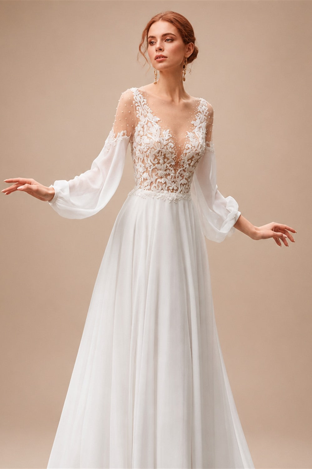 Wedding Dress Long Sleeve A-Line Appliques Beaded Bride Gown Beach Princess BECHOYER HB78 Plus Size Customized Vestido de Noiva