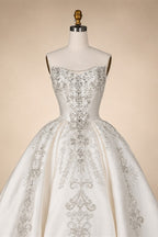 White Satin Strapless Ball Gown Wedding Dress with Luxurious Beaded Lace and Cathedral Train ZP016