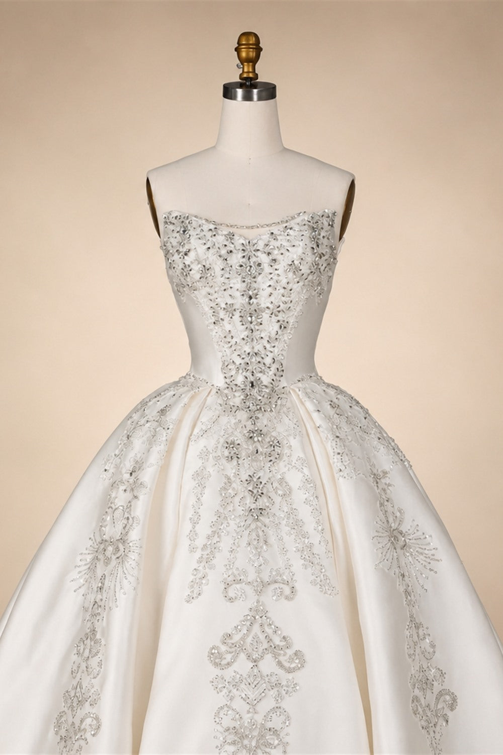 White Satin Strapless Ball Gown Wedding Dress with Luxurious Beaded Lace and Cathedral Train ZP016