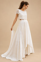 Wedding Dresses Lace A Line Two Piece Chiffon Half Sleeve High Low