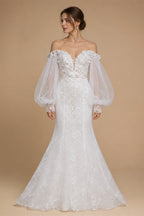 White  Off‑The‑Shoulder Puff Sleeve 3D Floral Mermaid Wedding Dress ZP005