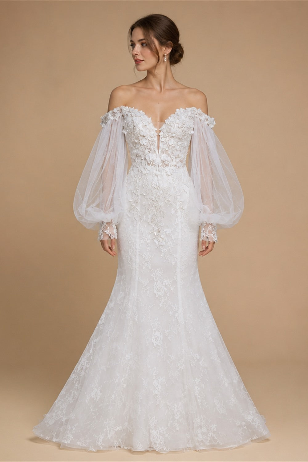 White  Off‑The‑Shoulder Puff Sleeve 3D Floral Mermaid Wedding Dress ZP005