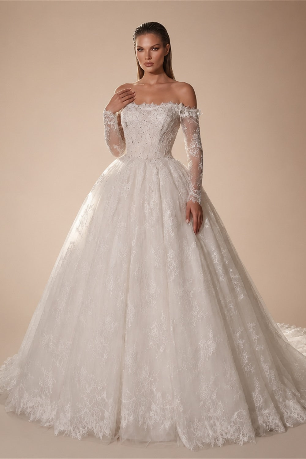White Lace and Tulle Ball Gown Wedding Dress Off the Shoulder Beaded Bridal Dress ZP013