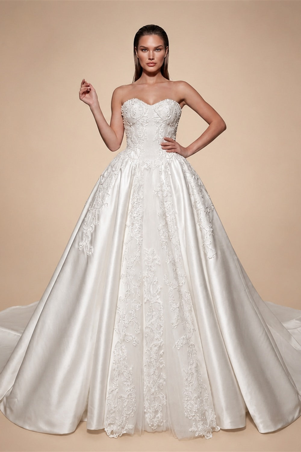 White Satin Strapless Wedding Dress Lace Appliques Sweetheart Neckline Ball Gown ZP010