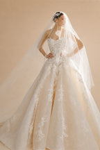 Luxury White Strapless 3D Floral Embroidery Train Wedding Dress ZP150