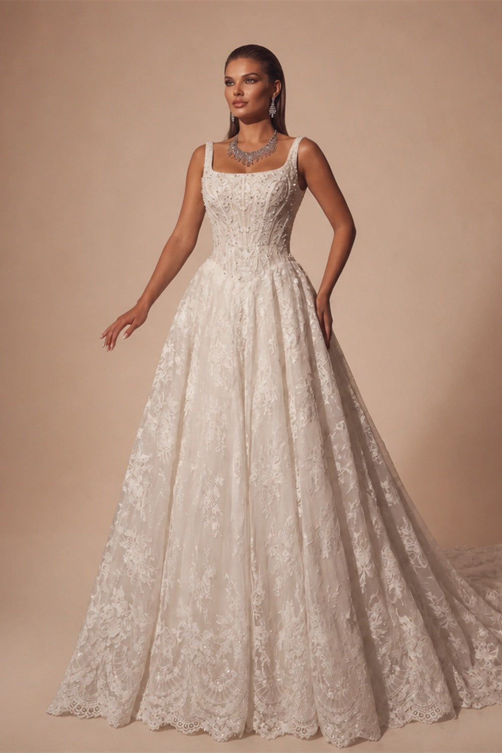 White Lace Spaghetti Strap Bridal Gown Square Neck Beaded Corset Ball Gown ZP012