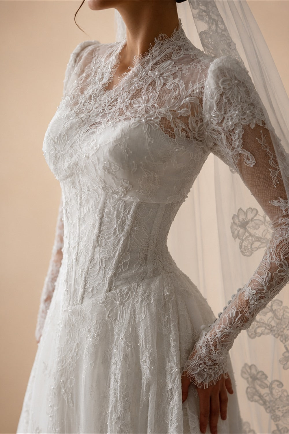 Romantic White Lace Long Sleeve A-Line Wedding Dress with Veil ZP109