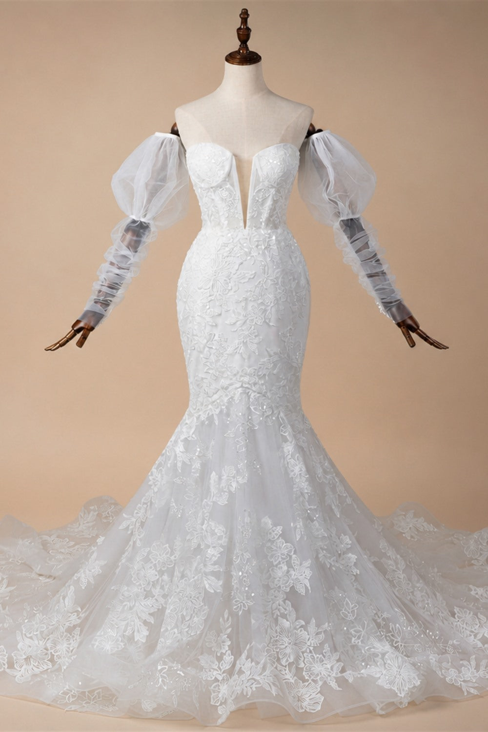 Glamorous White Sweetheart Neckline Mermaid Wedding Dress with Detachable Tulle Sleeves ZP056