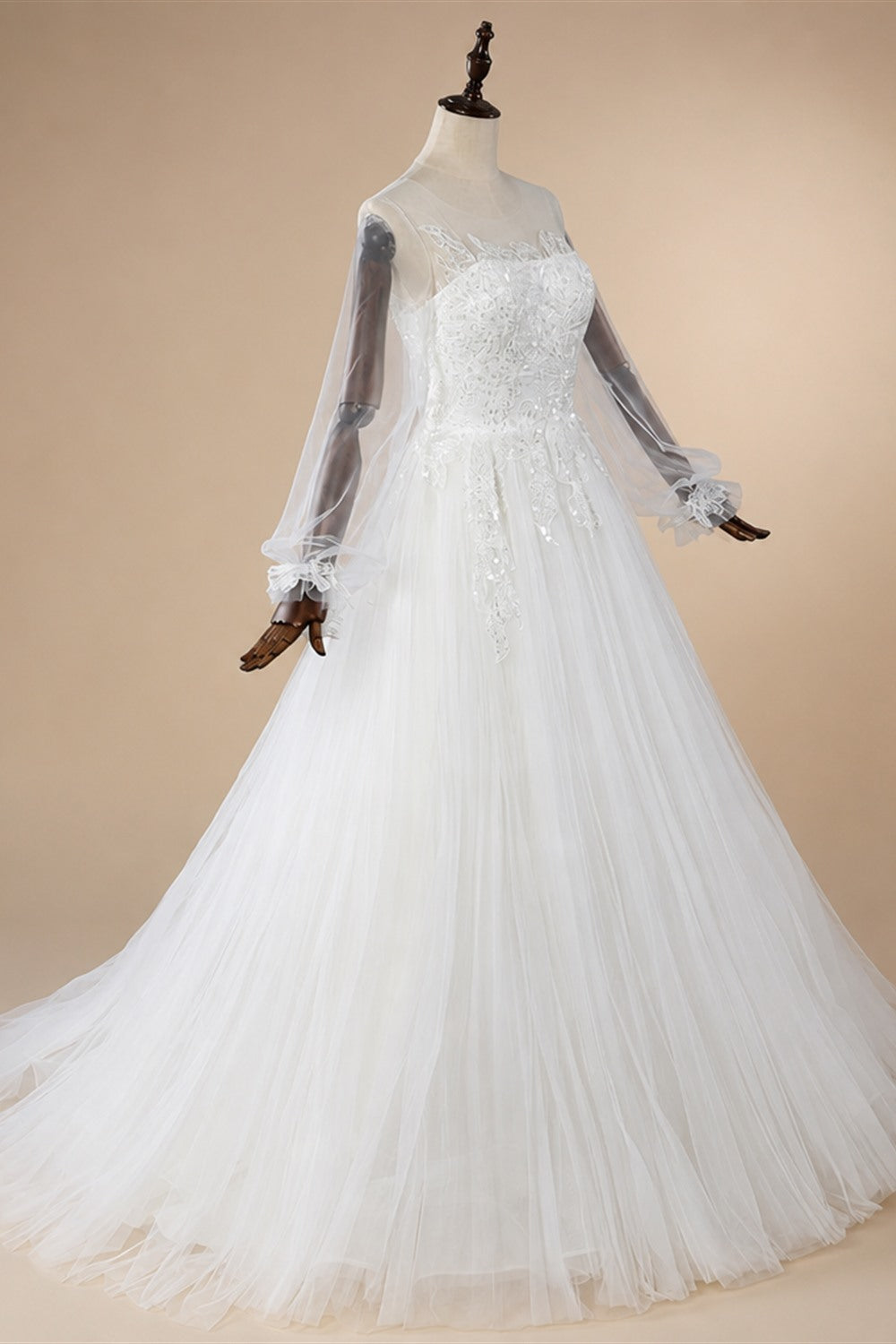Elegant White Long Sheer Sleeve A-Line Tulle Wedding Dress with Lace Appliqués ZP057