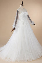 Elegant White Long Sheer Sleeve A-Line Tulle Wedding Dress with Lace Appliqués ZP057