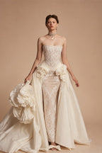 Luxury Ivory Strapless Lace 3D Floral Wedding Dress with Overskirt ZP148