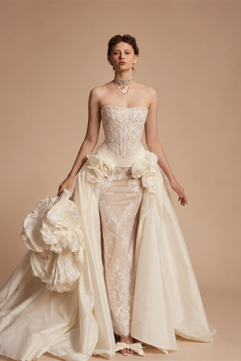 Luxury Ivory Strapless Lace 3D Floral Wedding Dress with Overskirt ZP148