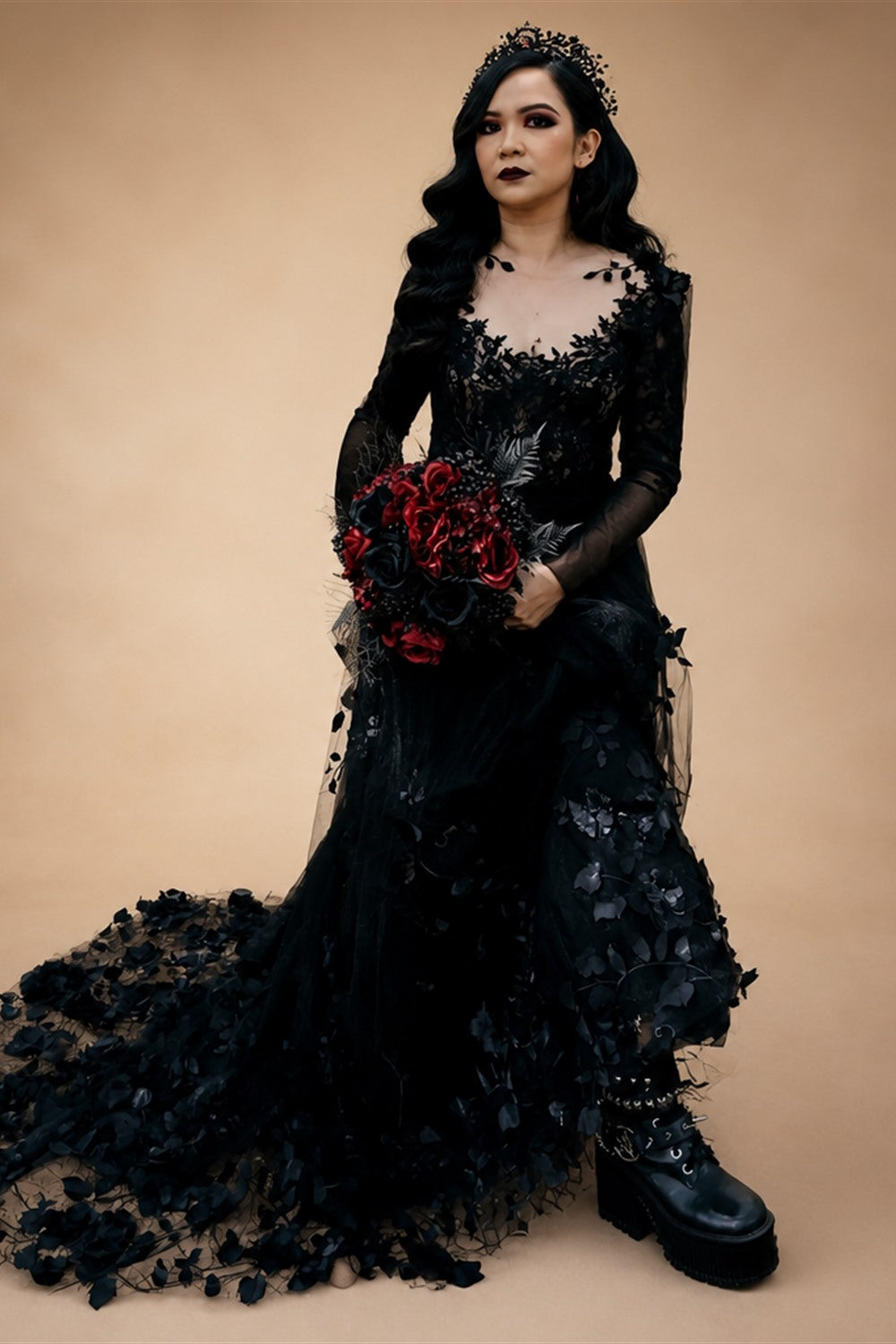 Black Luxury Gothic Wedding Dress 3D Floral Lace Tulle Sweep Train ZP026