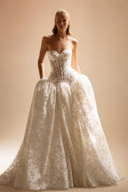 Bohemian Ivory Lace Strapless Ball Gown Wedding Dress ZP112