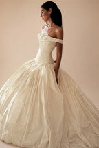Elegant Ivory Strapless Ruched Satin Ball Gown Wedding Dress ZP070