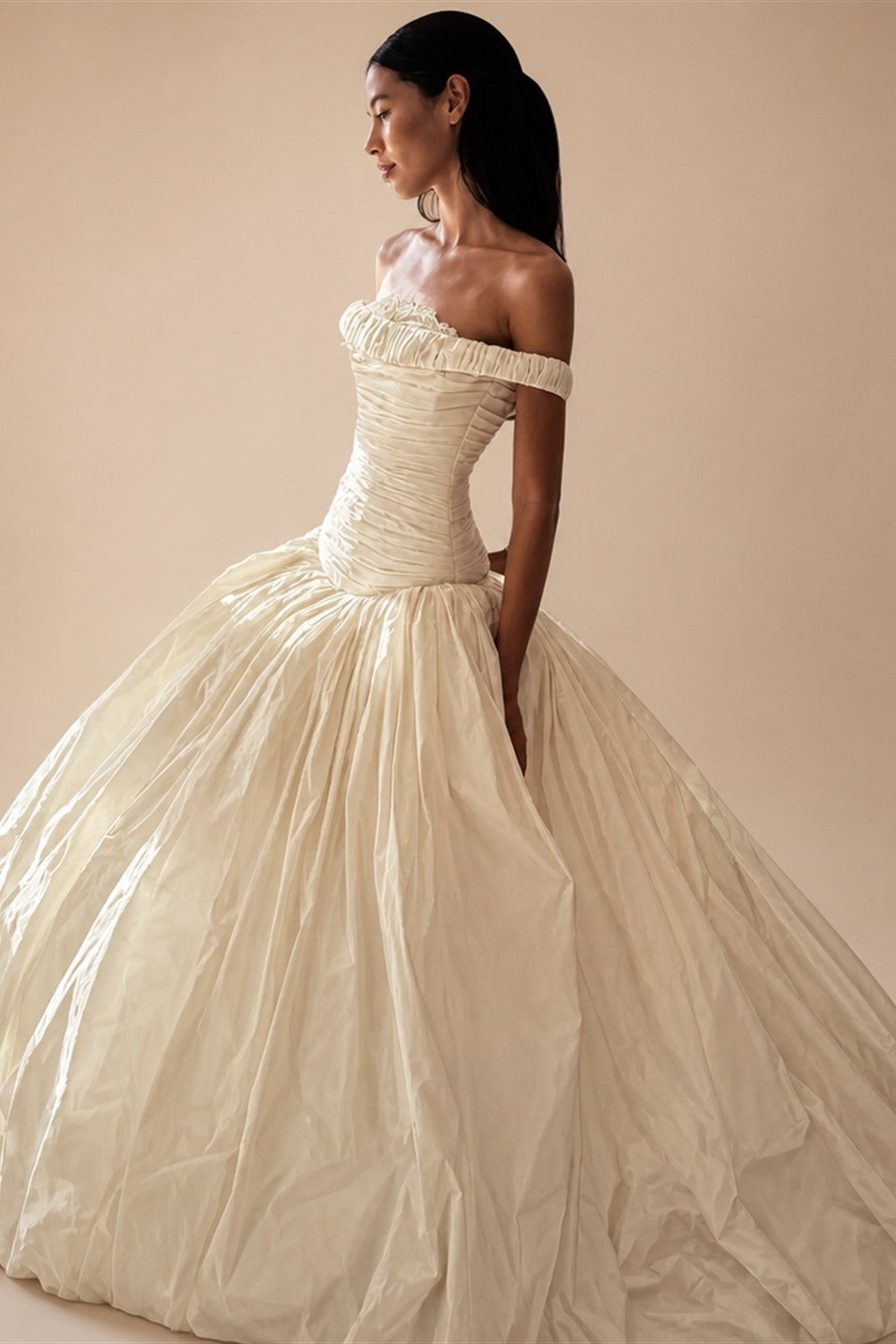 Elegant Ivory Strapless Ruched Satin Ball Gown Wedding Dress ZP070