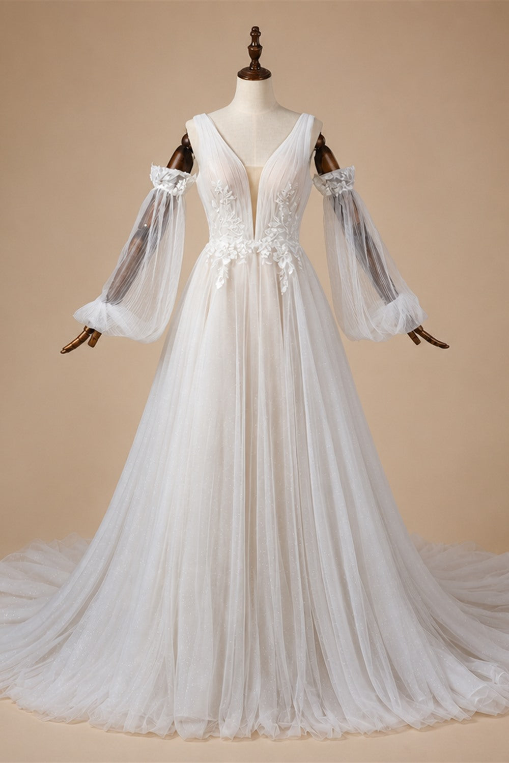 Elegant Ivory V-Neck Detachable Puff Sleeve Lace Tulle Wedding Dress with Train ZP062