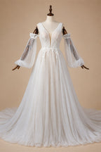 Elegant Ivory V-Neck Detachable Puff Sleeve Lace Tulle Wedding Dress with Train ZP062