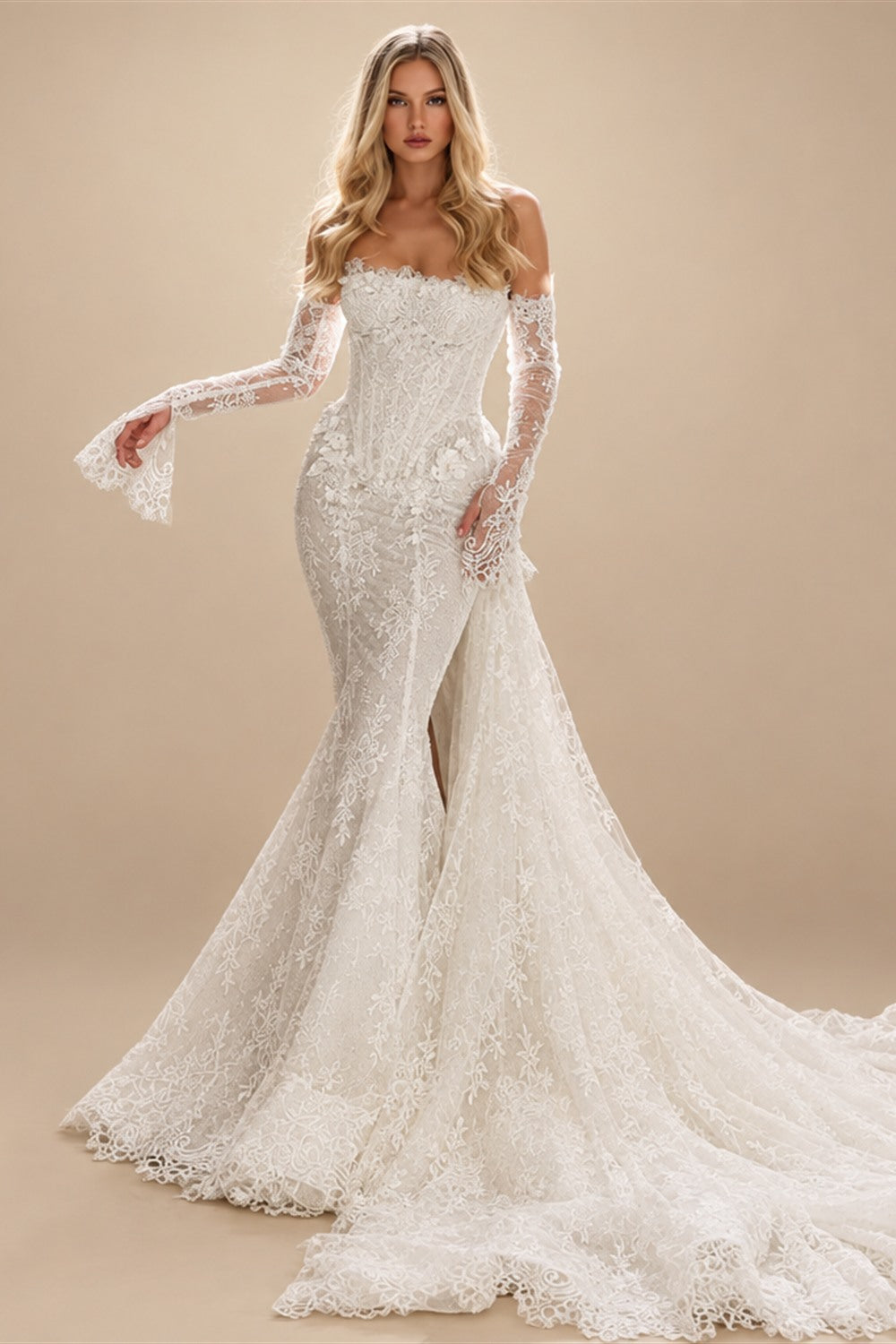 White Lace Applique Corset Bridal Gown with Cathedral Train ZP204