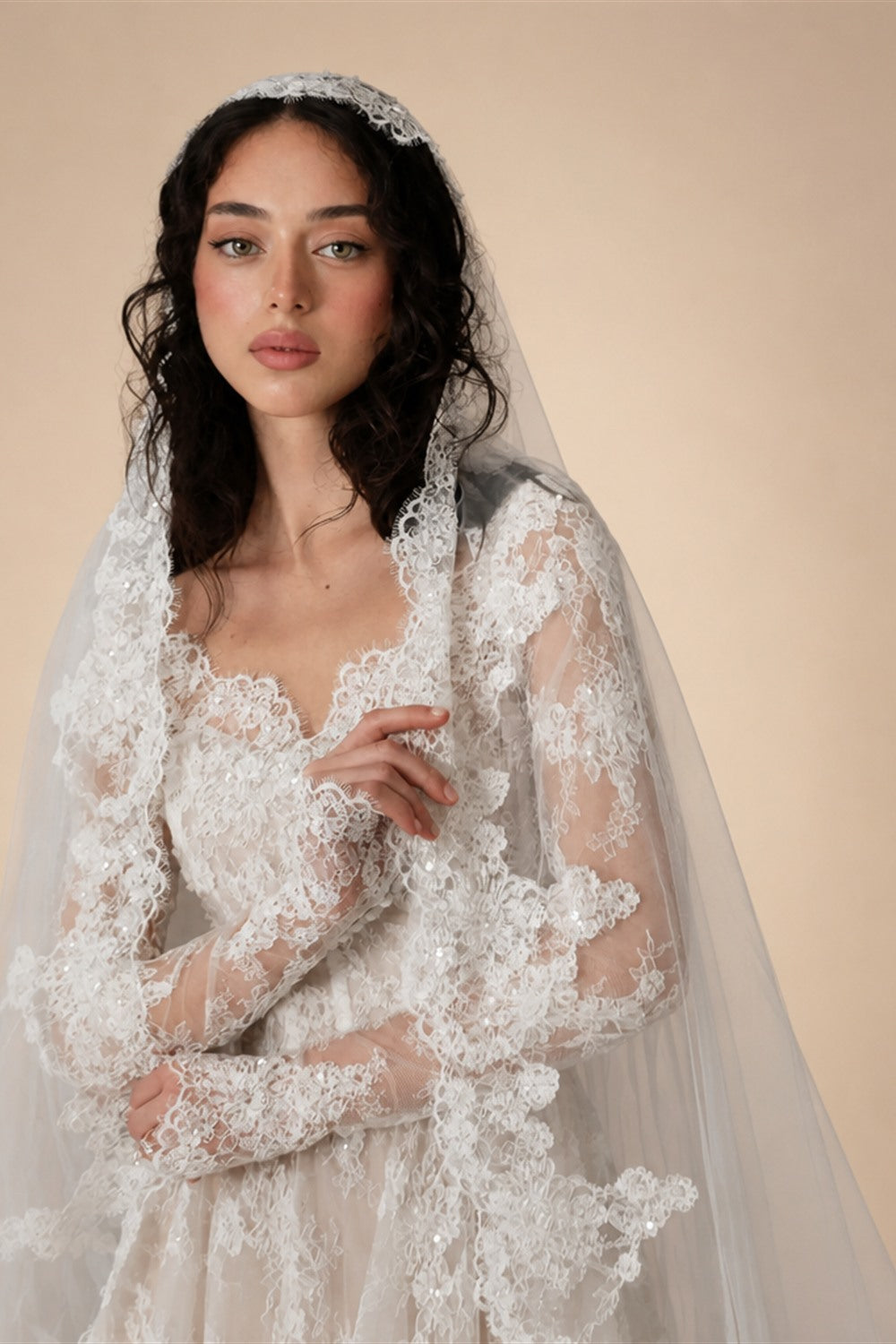 Whimsical Ivory Lace V-Neck Long Sleeve Wedding Dress with Veil ZP106