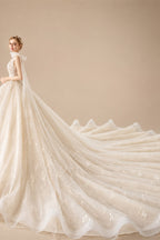 Supper Gorgeous Shiny Crystal Lace Ball Gown Wedding Dress Wih Chapel Train V-neck Bow Shoulder Princess Bridal Dresses