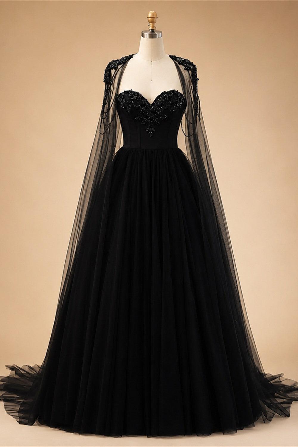 Black Luxury Gothic  Wedding Dress Beaded Tulle Ball Gown With Sheer Beaded Cape ZP028