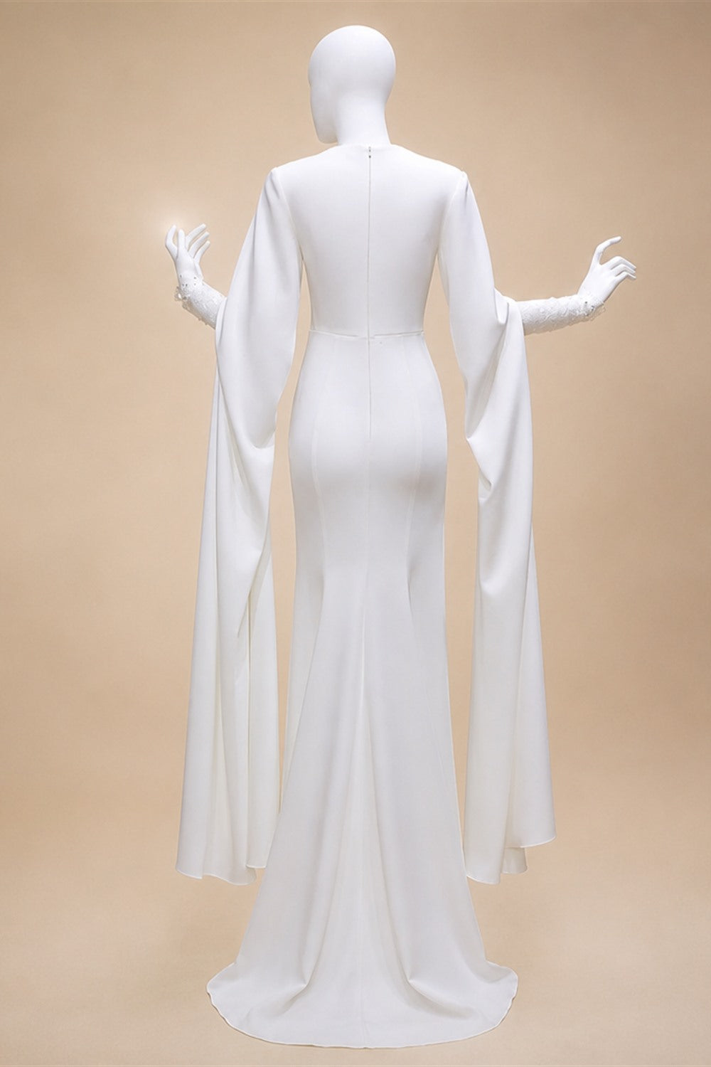 Ivory Minimalist Modest Mermaid Beaded Satin Wedding Dress  Sweep Train ZP031