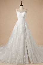 Elegant White Spaghetti Strap Satin Bodice Lace Tulle Wedding Dress with Train ZP065