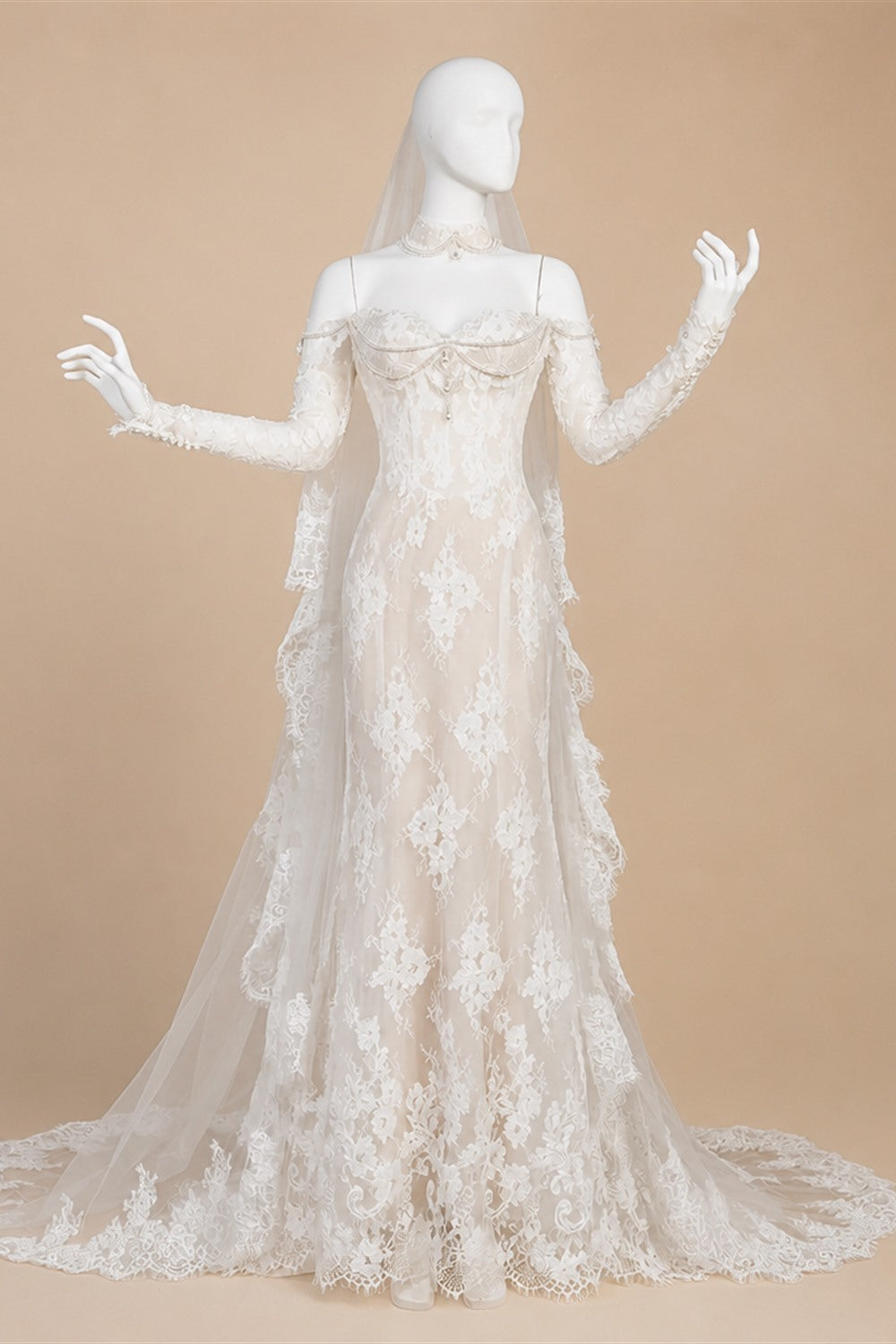 Elegant Ivory Sweetheart Neckline Sheer Lace Mermaid Wedding Dress with Veil ZP133