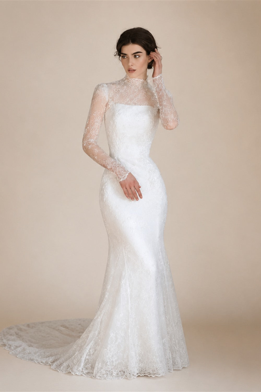 Elegant Printed Crystal Sheer Lace Mermaid Wedding Dress ZP169