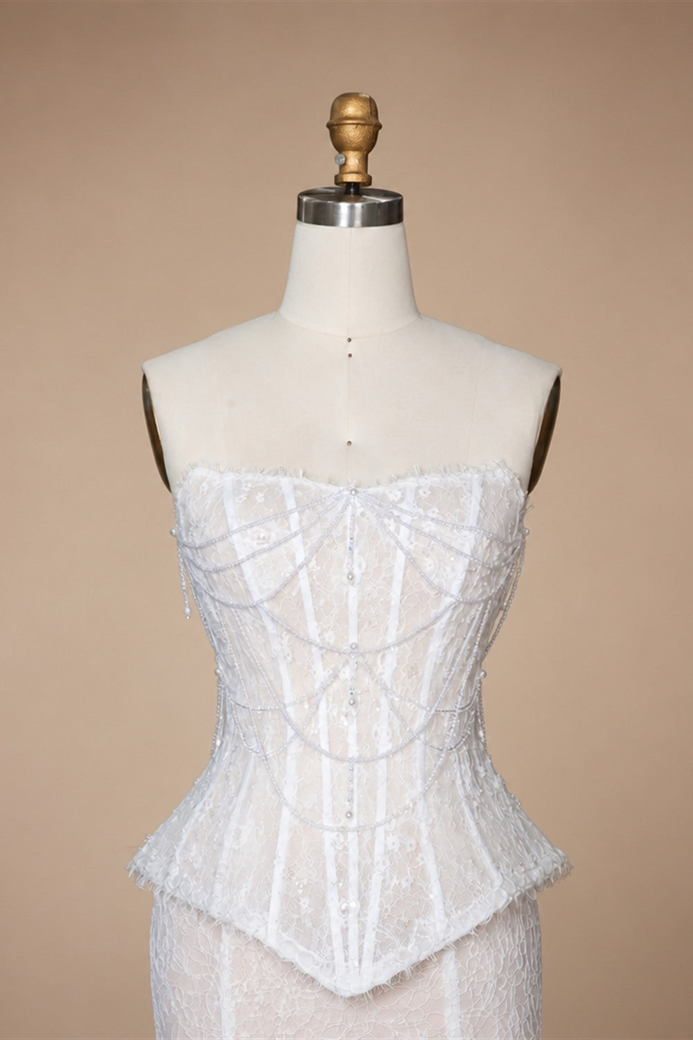 White Nude  Mermaid Wedding Dress Beaded Chain Detailing With Lace Train  ZP039