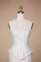 White Nude  Mermaid Wedding Dress Beaded Chain Detailing With Lace Train  ZP039