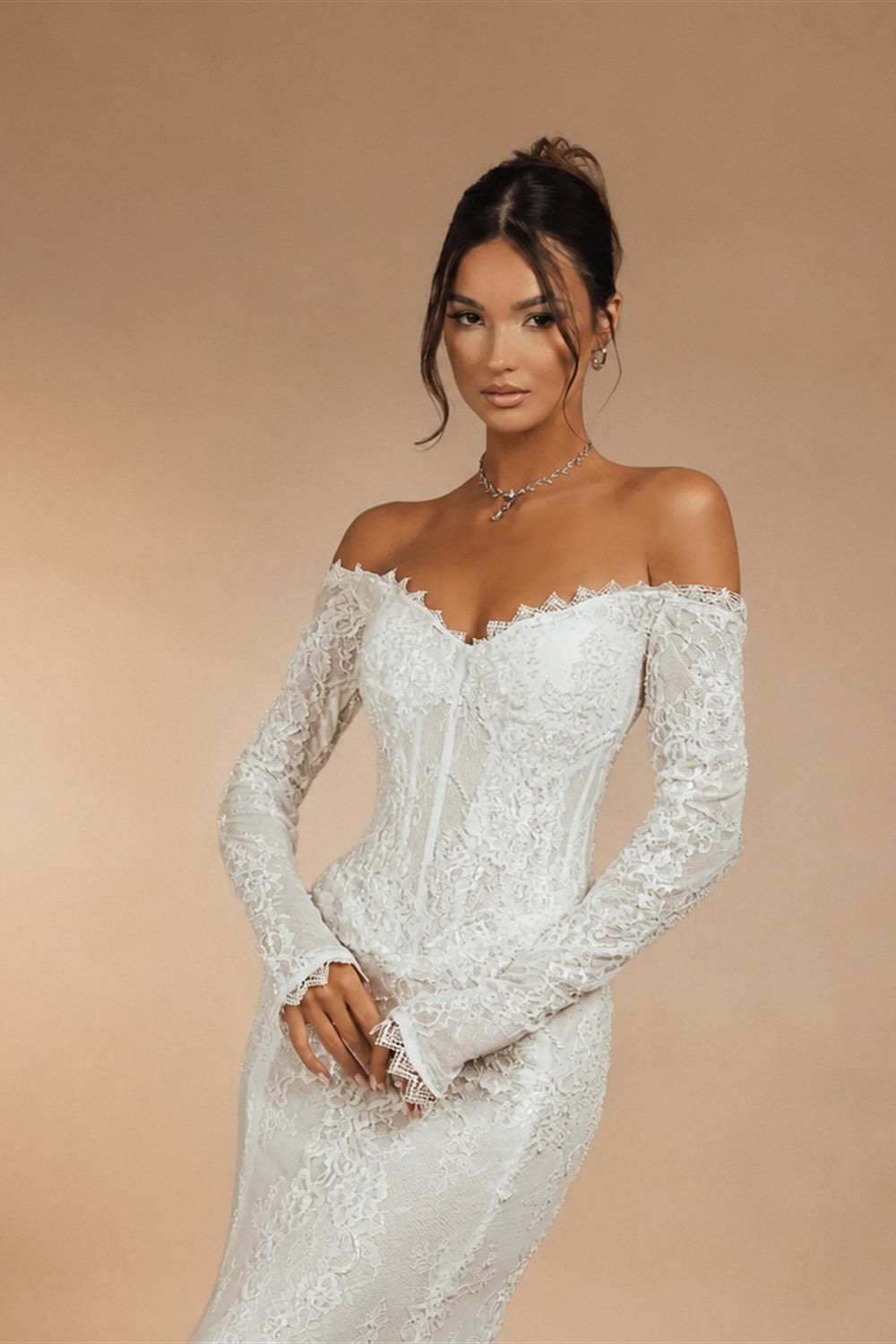 White Off the Shoulder Long Sleeve Lace Mermaid Wedding Dress