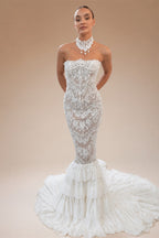 Elegant White Strapless Sheer Lace Mermaid Wedding Dress with Neckwear ZP089
