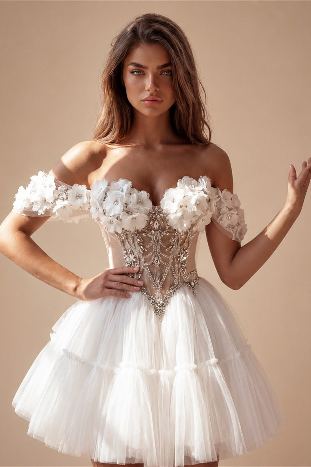 Charming Off-Shoulder 3D Flowers Corset Mini Wedding Dress ZP019