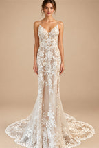 Spaghetti Straps Mermaid Wedding Dresses Champagne Bride Dress