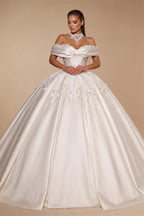 Off the Shoulder White Satin Ball Gown Flower Girl Dress with Long Cathedral Train ZP017