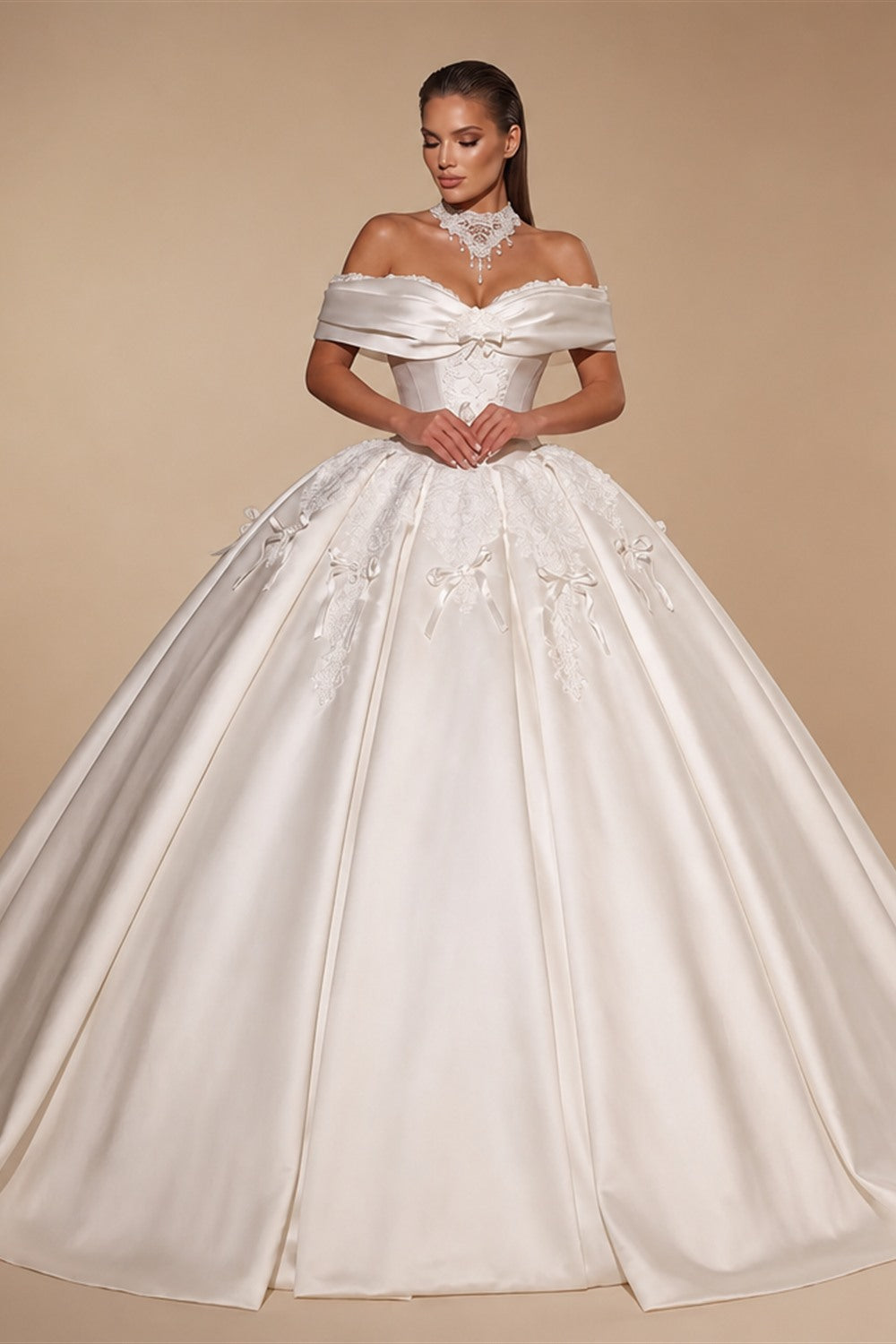 Off the Shoulder White Satin Ball Gown Flower Girl Dress with Long Cathedral Train ZP017