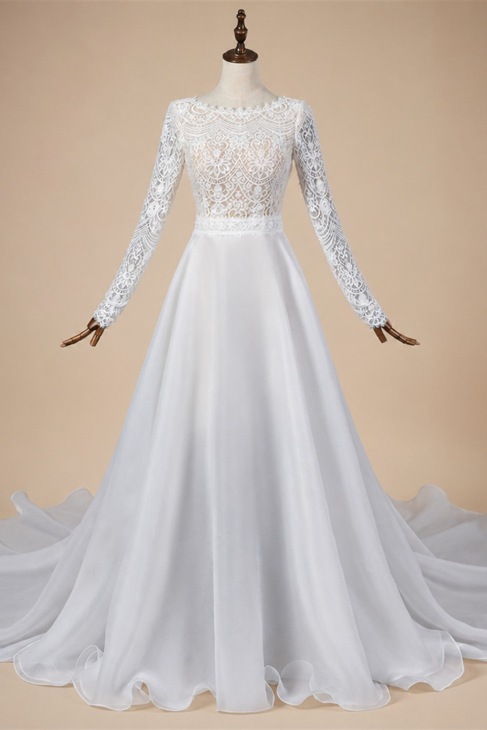Glamorous White Long Sleeve Lace Wedding Dress with Removable Chiffon Overlay ZP058