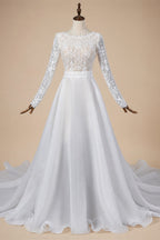Glamorous White Long Sleeve Lace Wedding Dress with Removable Chiffon Overlay ZP058