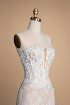 White Nude Lace Fairytale  Mermaid Wedding Dress 3D Floral  Train  ZP037