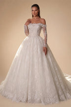 White Lace and Tulle Ball Gown Wedding Dress Off the Shoulder Beaded Bridal Dress ZP013