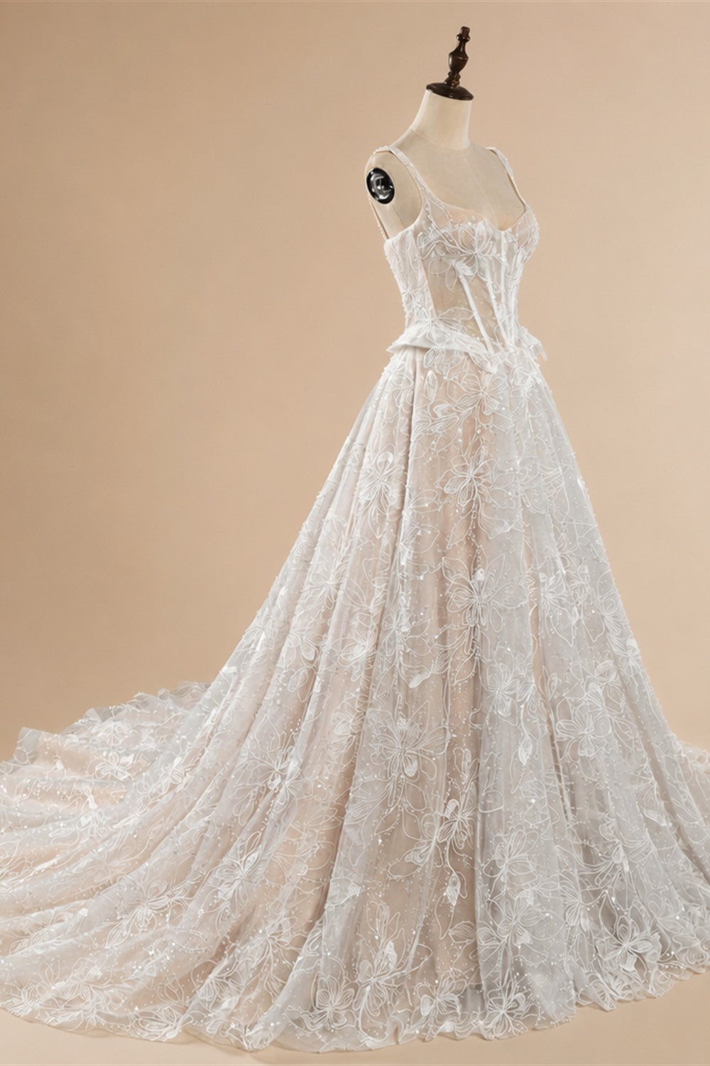 Luxury Ivory Square Neck Corset Lace Tulle A-Line Wedding Dress with Train ZP064