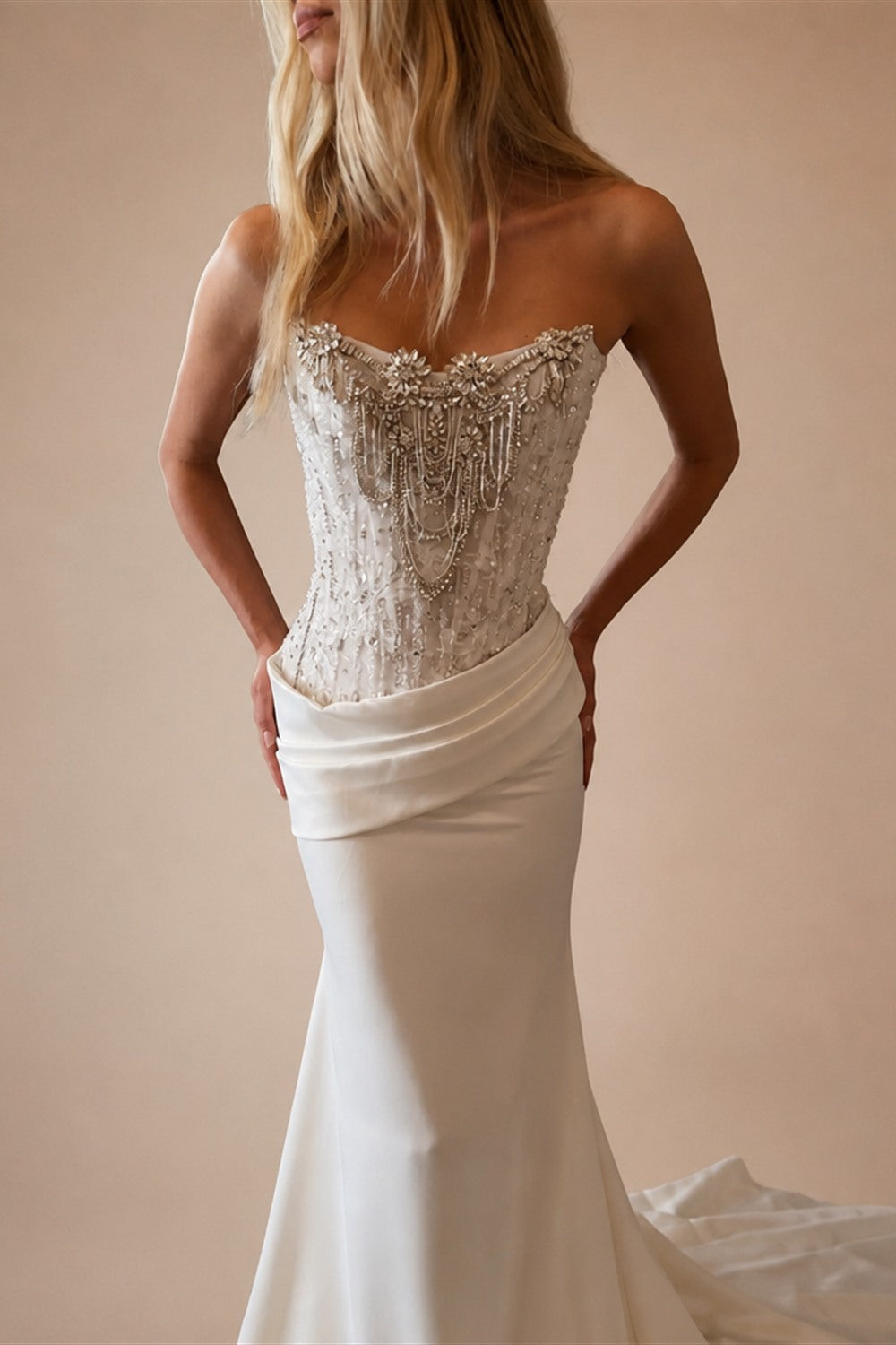 Luxury White Strapless Beaded Fringe Bodice Satin Mermaid Wedding Dress ZP091